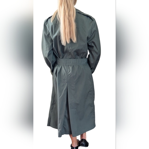 Vintage 80s Army Green Trench Coat Belted Military Raincoat Minimalist Utility - Picture 5 of 9